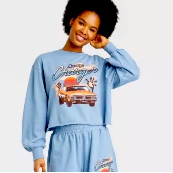 Target Dodge Charger Graphic Baby Blue Cropped Crew Neck Sweatshirt Size XXL - Picture 1 of 8